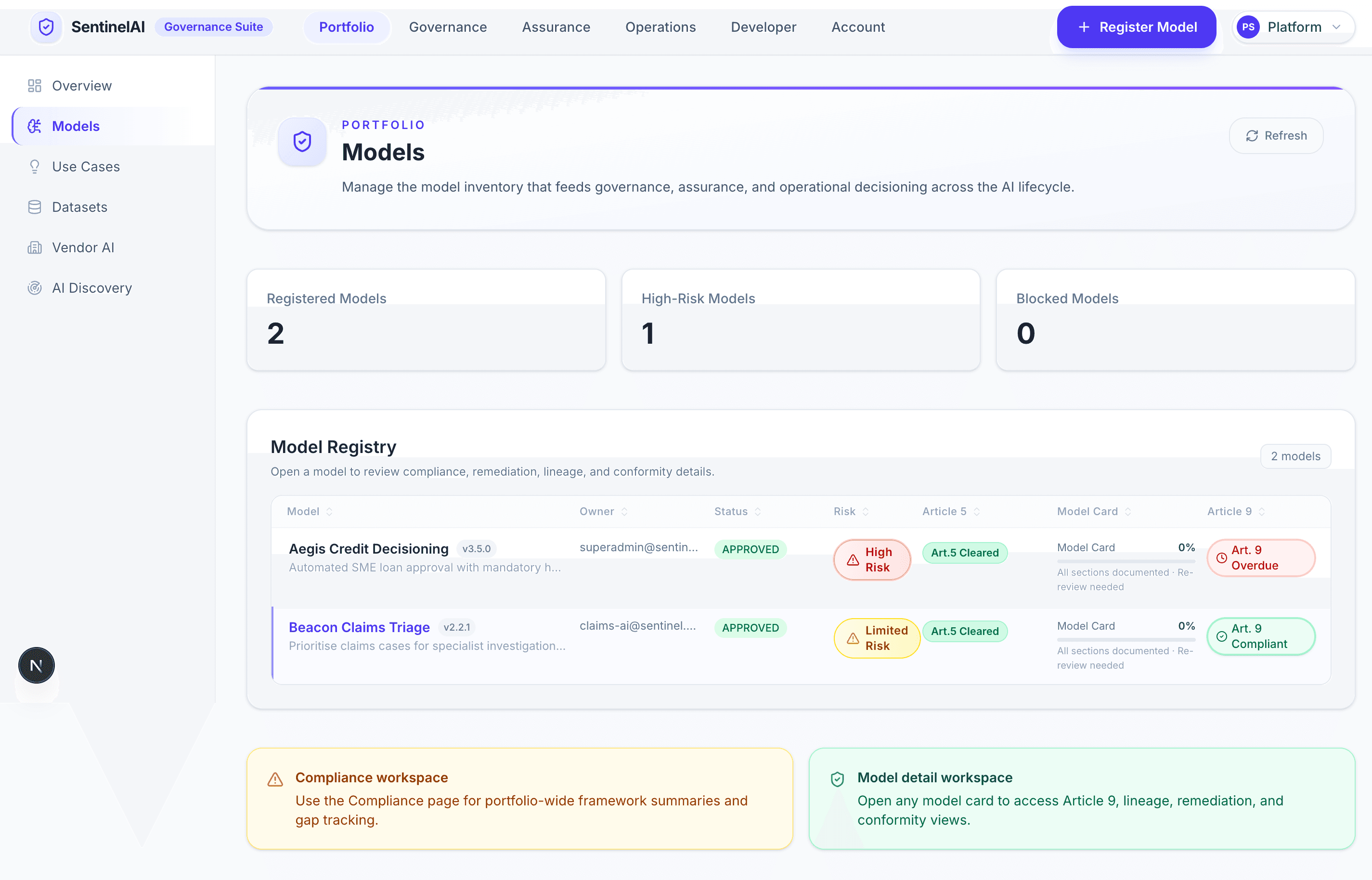 SentinelAI model registry showing governed models with lifecycle status, risk tier, and ownership.